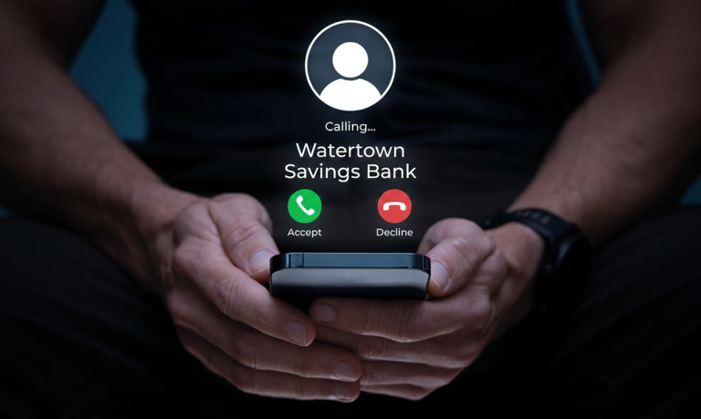A person holding a phone with an incoming call from Watertown Savings Bank and two buttons 'accept' or 'decline'