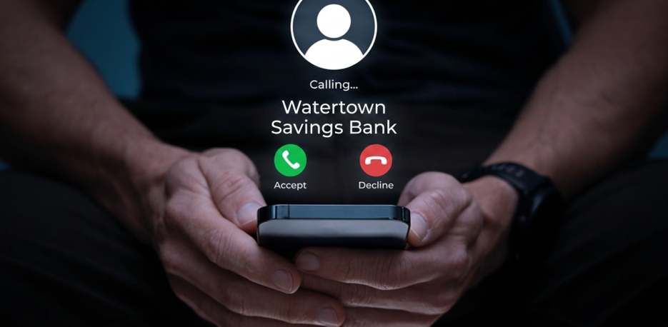 A person holding a phone with an incoming call from Watertown Savings Bank and two buttons 'accept' or 'decline'