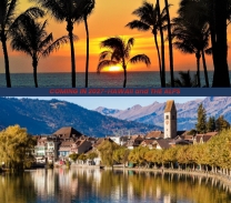 Beach in Hawaii with palm trees, ocean, and sunset in the background. Bottom of the picture is of the Alps village with a lake mountains and small town.
