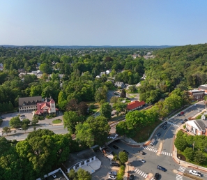 Picture of a local town displaying houses, roads, and trees.